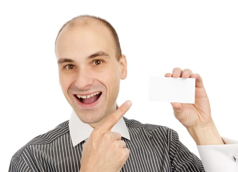 Business man showing a blank business card over white background