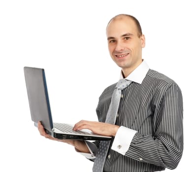 Happy man with laptop isolated on white
