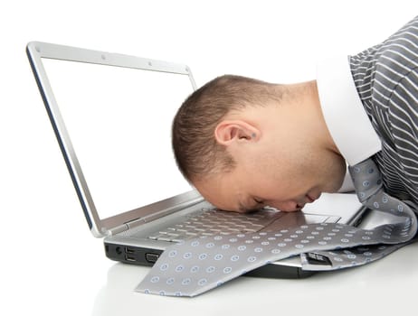 stressed businessman resting on the laptop