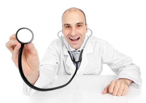 Smiling medical doctor with stethoscope. Isolated over white background