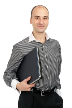 young man holding a laptop over white background