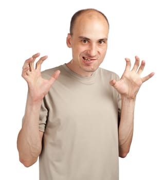Man with angry facial expression isolated on a white