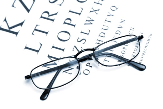 An eye chart with a pair of glasses to emphasize vision correction.