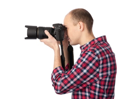 Young photographer with camera, isolated on white