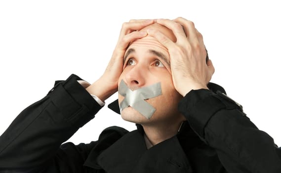 Young business man with adhesive tape