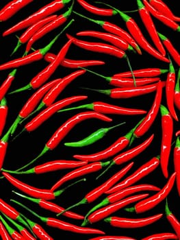 bounch of red chili peppers and a green one on the middle on black background