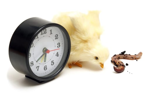A conceptual image related to the saying the early bird gets the worm.