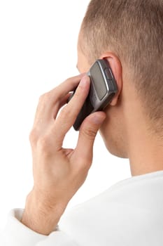 man talking on a mobile phone, isolated on white