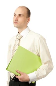 Portrait of young businessman with folder, isolated on white background