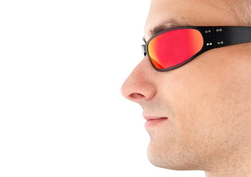 closeup man in sunglasses isolated on white baciground