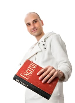 Man witn an English Dictionary isolated on white