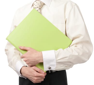 businessman holding green folder, isolated on white