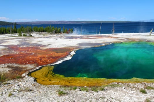 Dazzling colors of Abyss Pool in the West Thumb Geyser Basin of Yellowstone National Park.