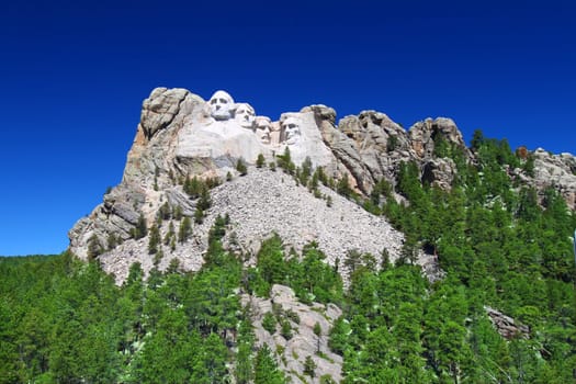 Mount Rushmore National Memorial carved into the peaks of the Black Hills in South Dakota.