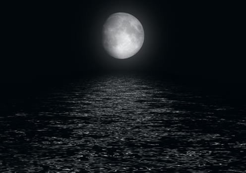 The full moon in the night sky reflected in water
