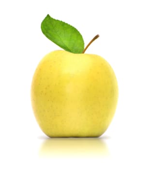 Yellow apple with water drops isolated on white background