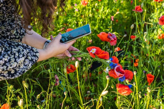 A woman in a field photographs wildflowers and a wreath of poppies, daisies and cornflowers.