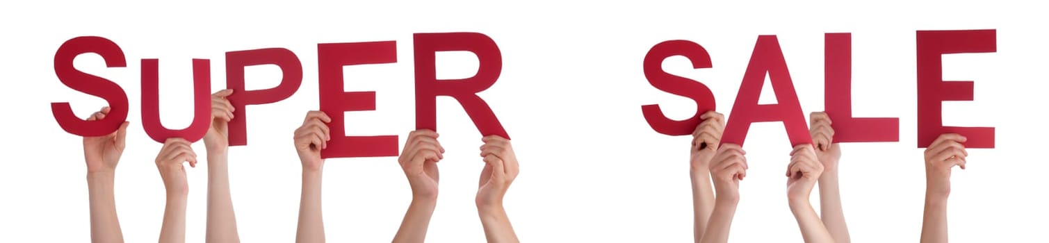 People Or Persons Hands Building English Word Super Sale. Isolated White Background.
