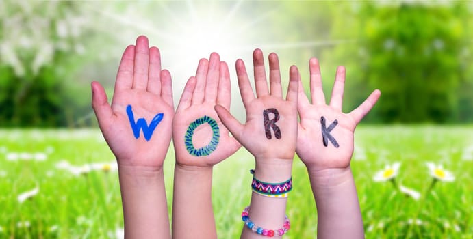 Children Hands Building Colorful English Word Work. Summer, Sunny Green Grass Meadow As Background