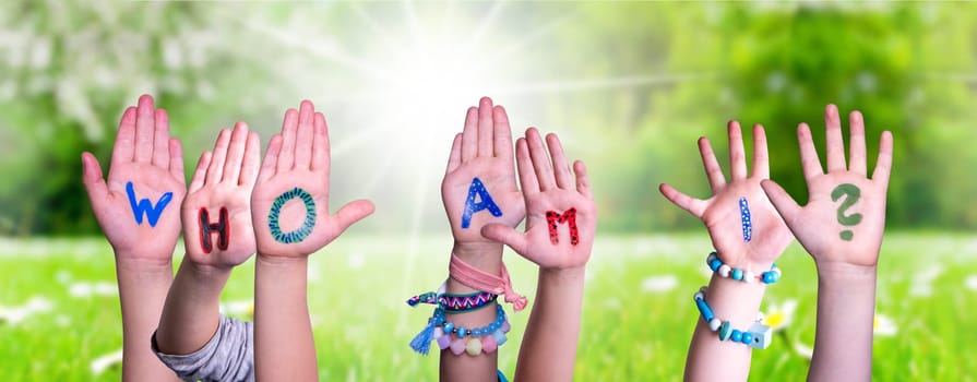 Children Hands Building Colorful English Word Who Am I. Summer, Sunny Green Grass Meadow As Background
