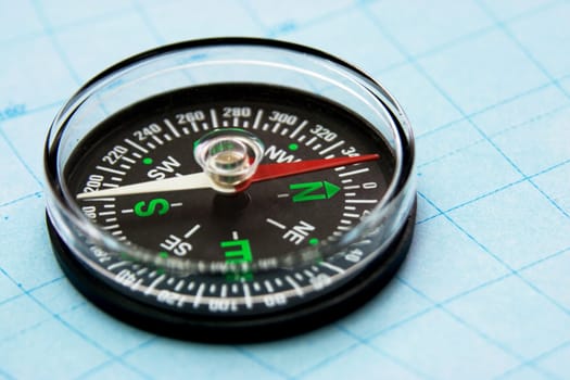 close-up view of compass on the map