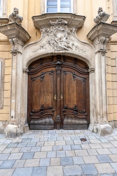 Traditional wooden door in the town, Slovakia, Europe