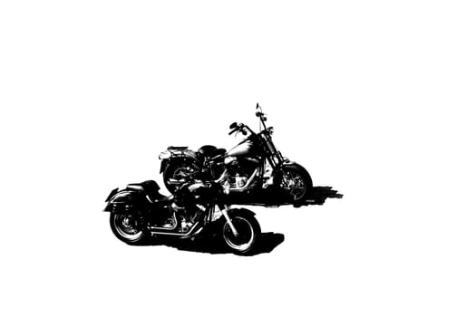 The monochrome clearance of two black motorcycles with shadows on a white background.