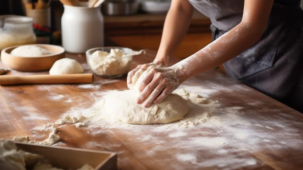 This photo captures the art of bread-making in a cozy, countryside kitchen. A pair of hands knead dough on a floured wooden board, with various baking utensils scattered around. The warm, inviting atmosphere is highlighted by natural light pouring in from the windows and wooden furniture. Shot in 8k, this photo is sure to make you crave fresh-baked bread.
