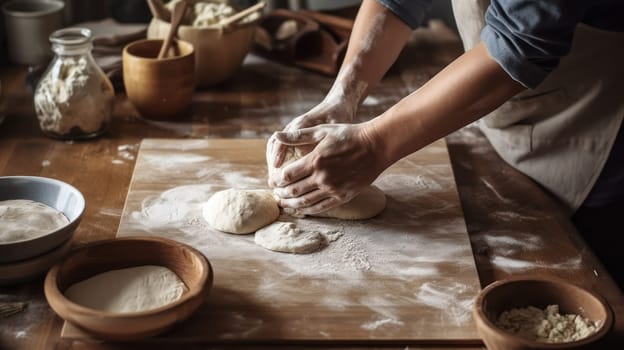 This photo captures the art of breadmaking in a cozy, countryside kitchen. A pair of hands knead dough on a floured wooden board surrounded by baking utensils, while natural light floods the warm and inviting space.