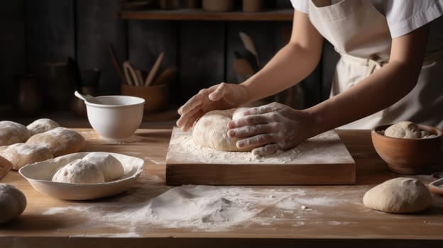 This photo captures the process of bread-making in a cozy country kitchen. A pair of hands can be seen kneading bread dough on a floured wooden board, while baking utensils are scattered in the background. The warm, inviting atmosphere of the kitchen is highlighted by the wooden furniture and natural light pouring in from the windows.