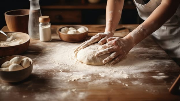 This photo captures the art of bread-making in a cozy, country kitchen. A pair of hands are kneading dough on a floured wooden board, surrounded by baking utensils and warm natural light. The atmosphere is inviting and rustic, evoking feelings of comfort and nostalgia.