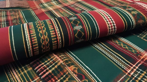 This photo captures the intricate beauty of traditional Scottish fabric, showcasing the skill and heritage passed down through generations of weavers. The rich colors and complex patterns highlight the unique history and culture of Scotland.