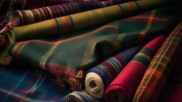 This stunning photo captures the intricate details and beauty of traditional Scottish fabric, expertly crafted by skilled weavers. The colorful patterns and textures tell a story of Scotland's rich cultural heritage and traditions. This photo was captured in high resolution 8k and is perfect for editorial, travel, or home decor use. Featured on National Geographic.