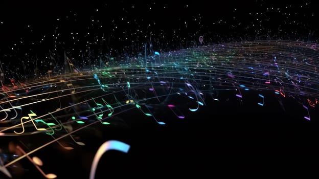This photo depicts a stream of musical notes traveling through optic fiber. The image is highly detailed and ultra-realistic, with the notes appearing to float in a vibrant blue background. This unique and creative image showcases the intersection of music and technology in a visually stunning way.