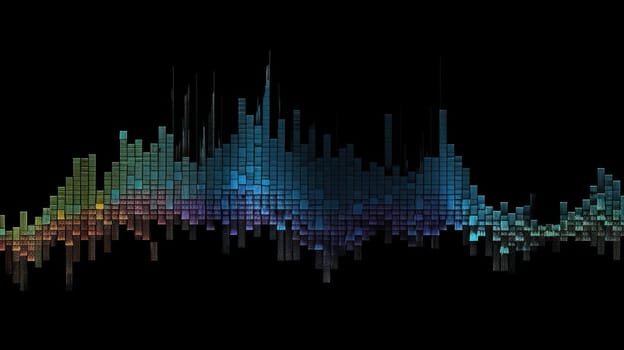 This photo showcases an audio waveform that is made entirely out of colored ASCII symbols. The colors represent different frequencies and amplitudes of the sound waves. This high-resolution image is in 8k resolution and has an aspect ratio of 16:9, making it perfect for use in multimedia projects or as a background image.