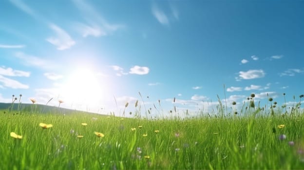 This stunning 8k panoramic photograph captures the natural beauty of a vibrant green field covered in a variety of wildflowers, set against a vivid blue sky with the sun shining bright. The blurred background adds depth and texture to the image, creating a sense of tranquility and peace.