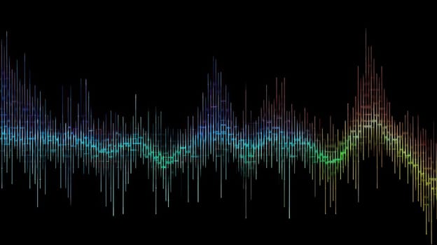 This mesmerizing photo showcases an audio waveform created entirely from colored ASCII symbols, providing a unique and creative representation of sound waves. The colors and shapes used create a stunning visual representation of the audio data. The image is captured in 8K resolution with an aspect ratio of 16:9, providing stunning detail and clarity.