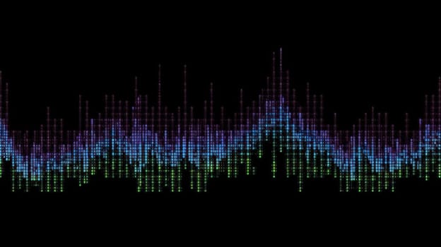 This photograph showcases a unique audio waveform made entirely out of colored ASCII symbols. The symbols create a visually stunning representation of sound waves in a modern and artistic way. The high-resolution 8k image captures the intricate details and vivid colors of the ASCII art.