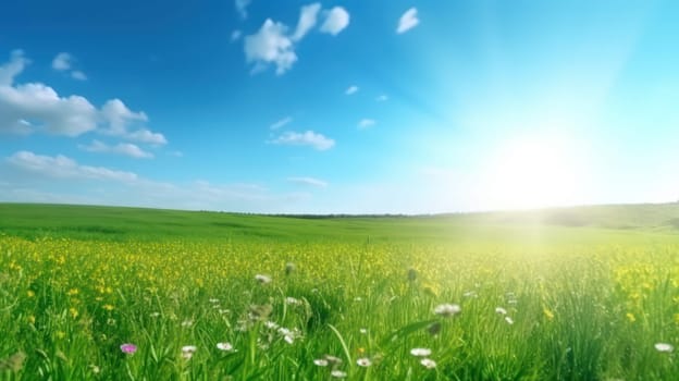 This stunning 8k panoramic photograph captures the beauty of nature in full bloom during the spring season. The image shows a vast green field with an array of colorful flowers scattered throughout, set against a clear blue sky with the sun shining down. The blurred background adds a dreamy and serene touch to the scene, making it a perfect desktop wallpaper or home decor piece.