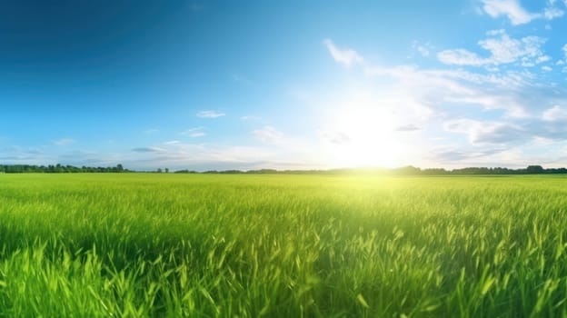 This stunning 8k photo captures an idyllic countryside scene with a beautiful panoramic view of a green field covered in lush grass, stretching out towards a blue sky filled with a glowing sun. The image perfectly depicts the beauty and tranquility of nature, with a dreamy and soft focus effect adding to the peaceful ambiance. The scene evokes feelings of freedom, relaxation, and the joys of summer.