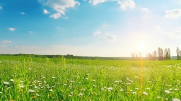 This 8k photo captures the beauty of nature in its full glory, showcasing a panoramic view of a vibrant green meadow filled with colorful wildflowers, swaying gently in the warm spring breeze. The clear blue sky, kissed by the sun's golden rays, provides a perfect backdrop to this tranquil and serene landscape.