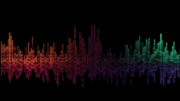 This photograph depicts an audio waveform created entirely from colored ASCII symbols. Each symbol represents a different point in the audio recording, creating a unique and visually stunning representation of sound. The image is captured in 8K resolution with a 16:9 aspect ratio, showcasing intricate details and vibrant colors.