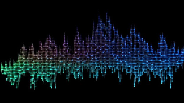 A digital image of an audio waveform created entirely from colored ASCII symbols. The waveform is a representation of sound waves and the symbols represent the amplitude and frequency of the sound. The image is highly detailed and has a resolution of 8k at an aspect ratio of 16:9.