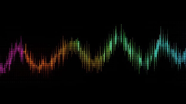 This photograph depicts an audio waveform created entirely from colored ASCII symbols. Each symbol represents a different point in the audio recording, creating a unique and visually stunning representation of sound. The image is captured in 8K resolution with a 16:9 aspect ratio, showcasing intricate details and vibrant colors.