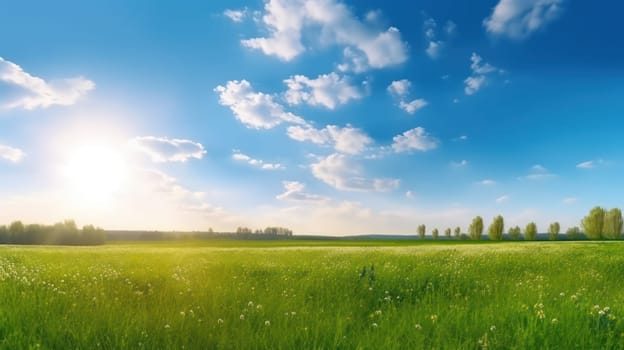 This breathtaking photo captures the stunning beauty of nature, with a green field covered in lush grass and vibrant flowers stretching out as far as the eye can see. The bright sun shines down from a vivid blue sky, creating a serene and peaceful atmosphere. The blurred background adds depth and texture to the scene, enhancing its natural beauty. This 8k panoramic photo is the perfect way to bring the tranquility of nature into any space.