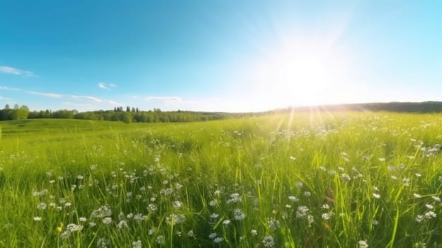 This 8k panoramic photo captures the beauty of a natural landscape in spring. A vast green field covered with flowers is spread out in front of you, with the clear blue sky and sun providing a picturesque backdrop. The soft blur effect adds to the dreamy, tranquil atmosphere of the scene.