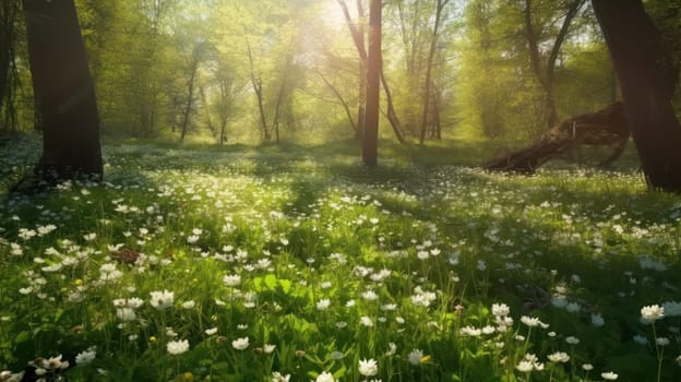 This stunning 8k panoramic photo captures the natural beauty of a lush green field adorned with colorful wildflowers against a clear blue sky with the bright sun shining down. The blurred background adds a dreamy, tranquil effect to the scene, transporting the viewer to a serene and peaceful oasis.