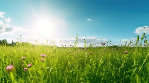 This 8k panoramic photograph captures the serene and beautiful natural landscape of a lush green field with vibrant flowers in bloom. The clear blue sky and bright sun add a touch of warmth and tranquility to the scene. The soft blur in the background adds depth and focus to the forefront, creating an idyllic image of nature's beauty during spring and summer.