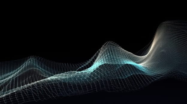 This abstract 3D rendering depicts a musical stream of sounds interweaving with dots to visualize the complexity of big data. Each dot represents a data point, creating a visually stunning representation of information flow.