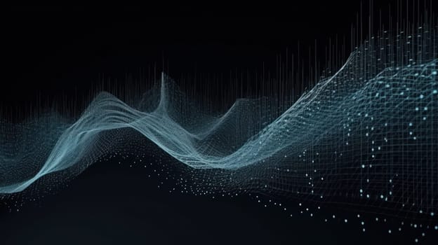 This 3D rendered abstract background is a visual representation of the musical stream of sounds in big data. The interweaving dots create a dynamic and mesmerizing visual effect that embodies the flow and complexity of information.
